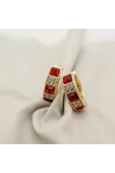 XUPING JEWELRY Round earrings with white and red zirconia stones, 18k gold plated