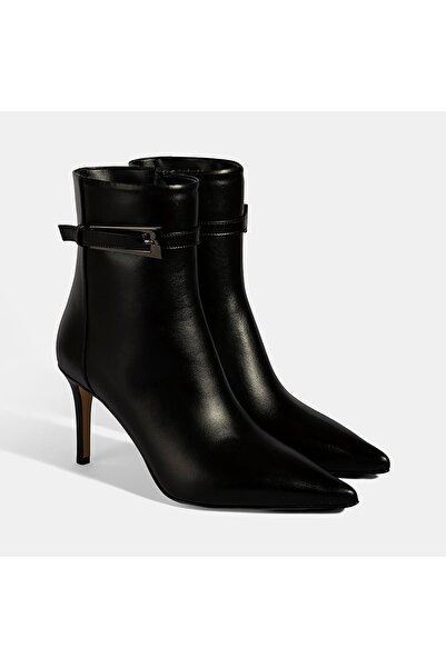 Desa Women's Black Metal Buckle Thin Heeled Leather Boots