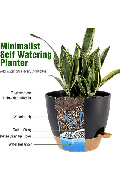 Generic UOUZ Self-Watering Plant Pots Set (12/10/9 inch), Deep Reservoir, Black/Brown, Plastic