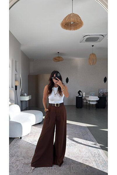 Buket Teke Brown Belted Loose Fabric Trousers
