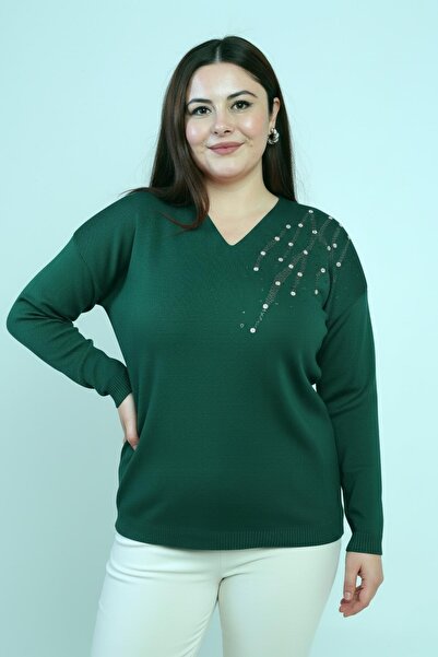 By Saygı Women's V-Neck Plus Size Rhinestone Knit Blouse