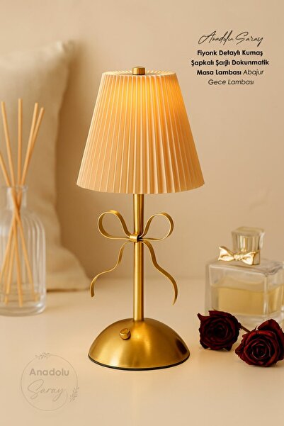 Anadolu Saray Fiyonk Detaylı Kumaş Şapkalı Şarjlı Dokunmatik Masa Lambası Aba...