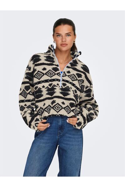 ONLY Onljanne Life Aztec Teddy L/S Zip Cc Swt Women's Gray Sweatshirt - 15267415