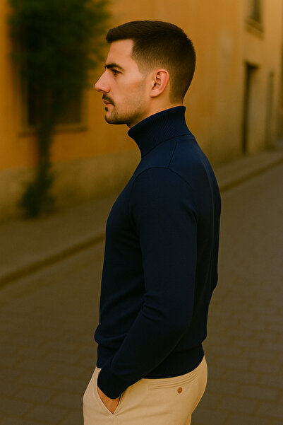 Maccali Men's Winter Trend Basic Navy Blue High Neck Knit Sweater