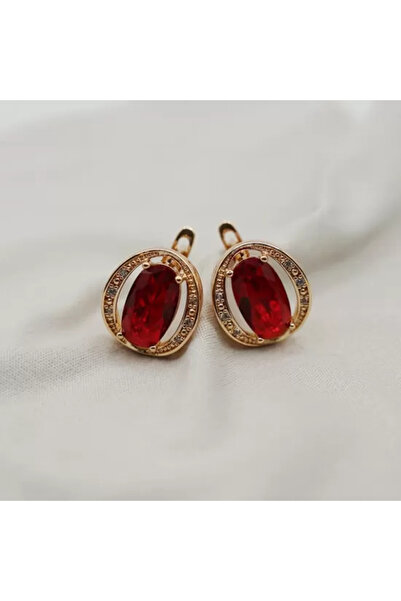 XUPING JEWELRY Round earrings with red zirconia stone plated with 18k gold