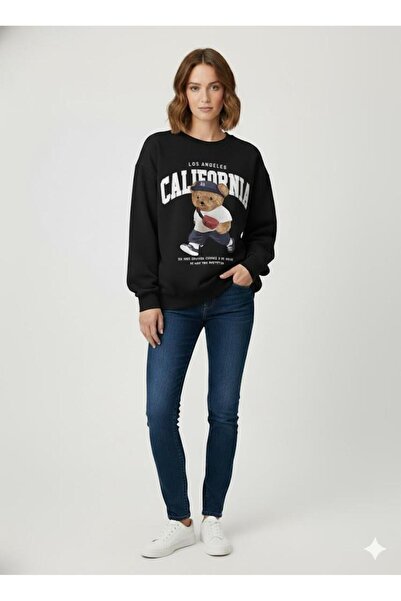 Afri Siyah Oversize Ayıcık Baskılı Kaşkorse Ribanalı 3 İplik Sweatshirt