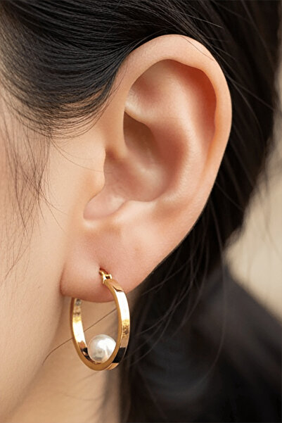 TAKIŞTIR Gold Color Pearl Detailed Steel Hoop Earrings (Pair)