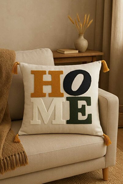 Go Veform Husă de pernă brodată cu punct de in 43x43 cm – Model de punct de in realizat manual și husă de pernă cu detaliu de ciucuri