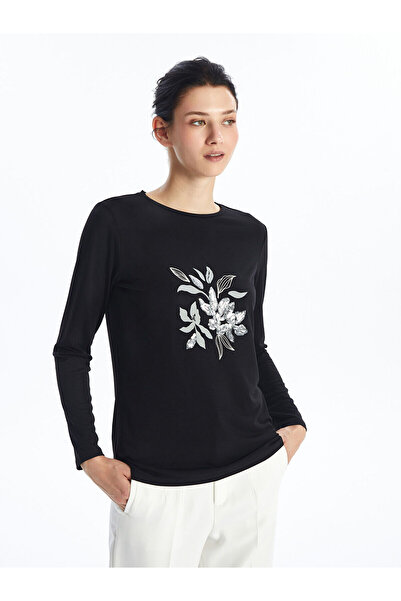 LC Waikiki Black Crew Neck Printed Long Sleeve Women's T-Shirt