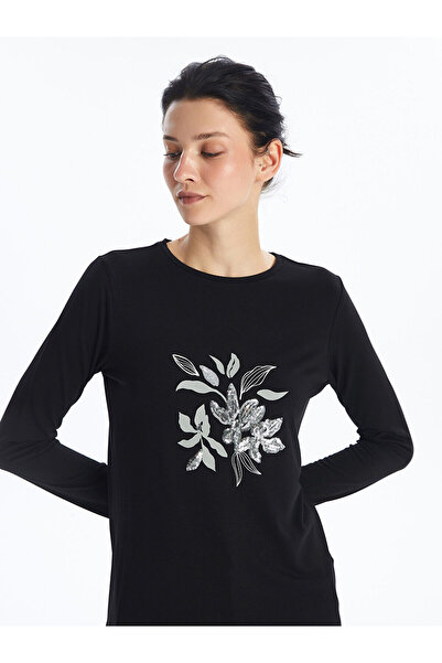 LC Waikiki Black Crew Neck Printed Long Sleeve Women's T-Shirt