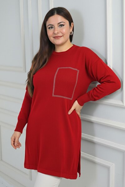 By Saygı Women's Front Single Pocket Stone Print Detailed Plus Size Knitweartunic Blouse