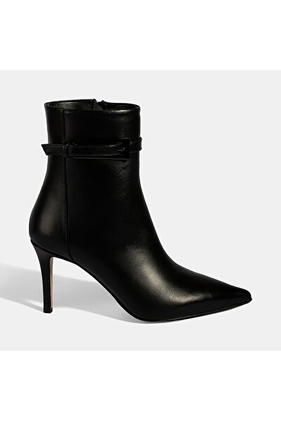 Desa Women's Black Metal Buckle Thin Heeled Leather Boots