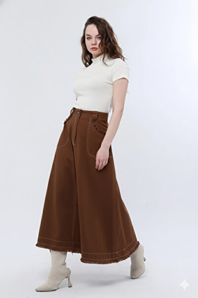 Atölye Güven Brown Tasseled 100% Cotton Special Design Long Bell Skirt