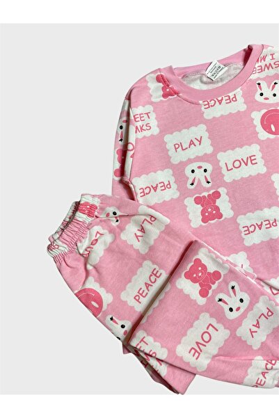 tusem butik homewear Girls' Cotton Fleece-Lined Pink Rabbit Patterned Long Sleeve Winter Pajamas Set