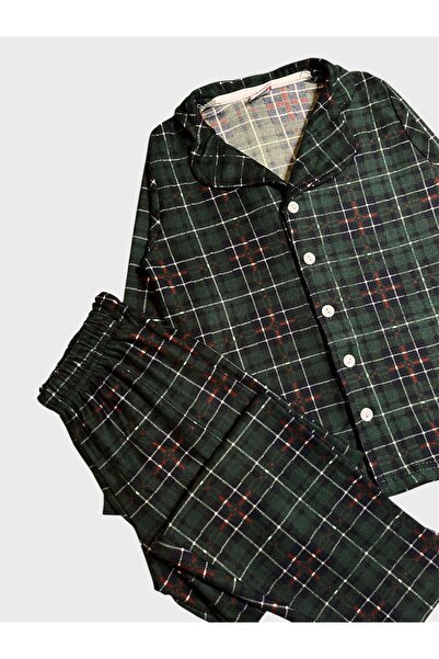 ALİŞ KİDS Boys' Cotton Suede Fabric Green Plaid Pattern Shirt Collar Buttoned Long Sleeve Pajama Set