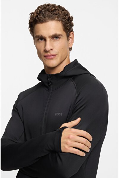 BOSS Men's Regular Fit Hooded Long Sleeve Flexible Fabric Black Sweatshirt 50531224-001