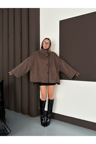 LE CARAMBOLE Γυναικείο Καφέ Μπουφάν Καστανό Μπουφάν με Ραφές ψηλός λαιμός oversized