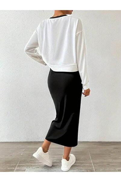 buğrahayalin Women's Strappy Round Neck Viscose Two Thread Dress and V-Neck Blouse Two-Piece Set