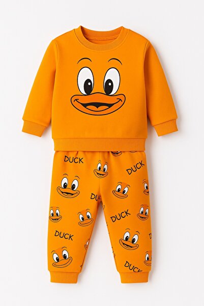 dinamik çocuk Baby Girl/Boy Unisex Duck Patterned 2-Piece Set Sweatshirt and Bottoms 6-9-12-18 Months