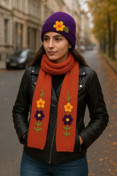 Gönülden Tasarım Hand Knitted Flower Embroidered Women's Scarf and Beanie Set