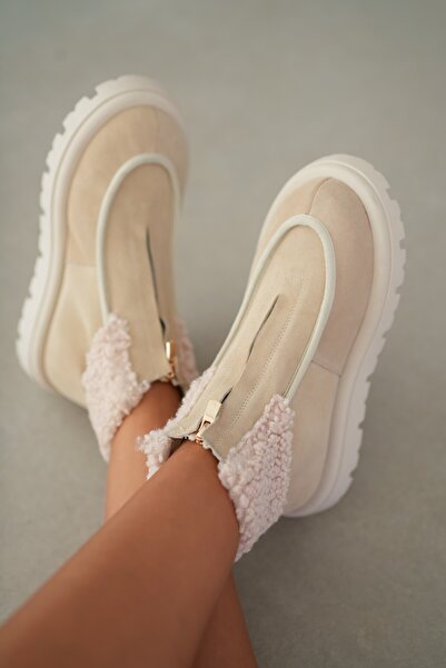 selin shoes Γυναικείες μπότες Bruve με φερμουάρ μπροστά με λεπτομέρεια από γούνα από γνήσιο δέρμα σουέτ-EKRU