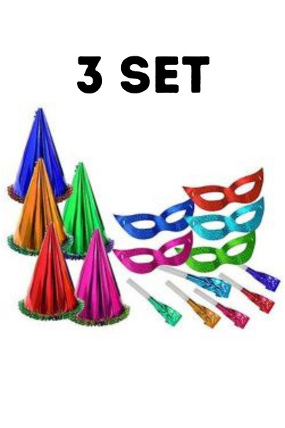 ElmArtStudio 3lü Renkli Yılbaşı Şapkası Parti Maske Ve Düdük Seti Kağıt Üçgen...