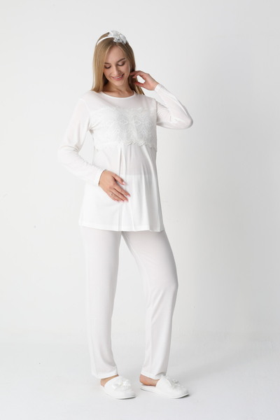 ERDENİZ TEKSTİL Short Robe with Lace Maternity-Pregnant Pajama Set 3-Piece Set