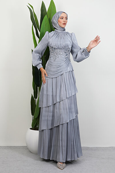 Lamia Giyim Menekşe Kat Kat Abiye Gri