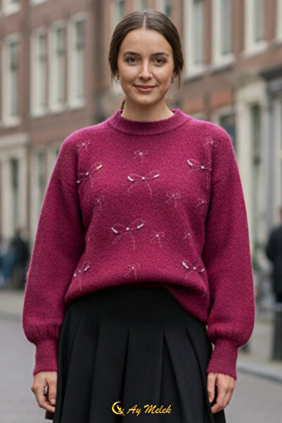 AYMELEK Women's Knitwear Sweater Stone Bow Detail Crew Neck Soft Textured Sweater