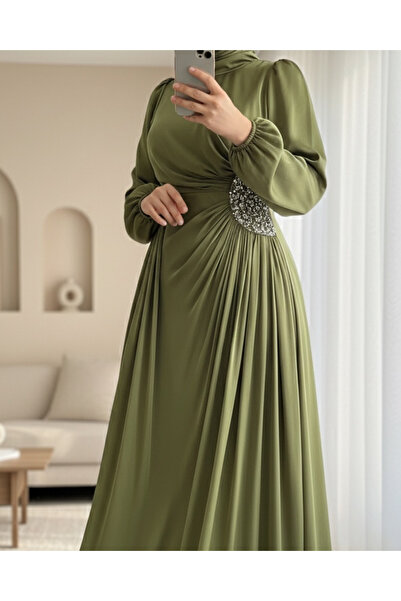 Modamorfo Lined Janjan Evening Dress with Elastic Sleeves and Stone Detail - Khaki