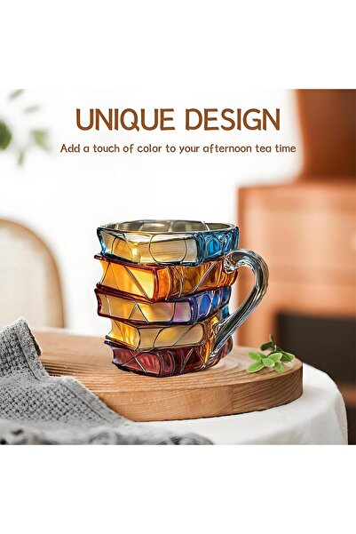 Brinaoki Painted Book Mug 330ml – 3D Clear Coffee Cup with Handle Book Stack, Cute Funny Glass Mug .