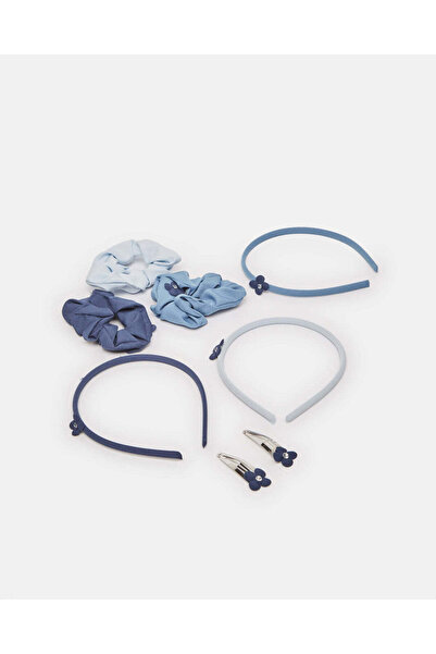 REDTAG مجموعة عصابة رأس ومشبك شعر ومرونة زرقاء للبنات (8 قطع)