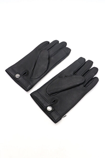 BOSS Men's Textile and Leather Mixed Metallic Shiny Button Black Gloves 50548843-001