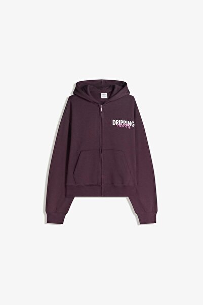 Bershka Baskılı fermuarlı crop sweatshirt