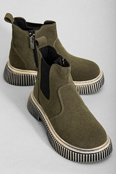 Tonny Black Children's Unisex Khaki Suede Thick Serrated Thermo Sole Zippered Elastic Chelsea Boots