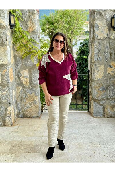 Punta Otantik LS1220 Ιταλική βελούδινη μπλούζα με μοτίβο αστεριών με λάμψη κερασιού