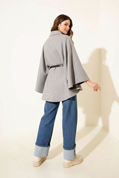 Kirazgym Women's Belted Shirt Collar Cashmere Poncho