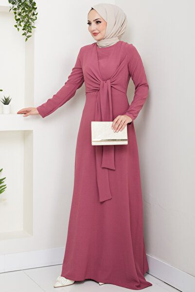 Feiza Collection Bağlama Detaylı Tesettür Elbise - Gülkurusu