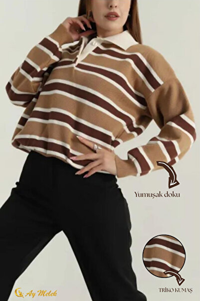 AYMELEK Women's Knitwear Sweater Polo Neck Striped Short Transitional Sweater