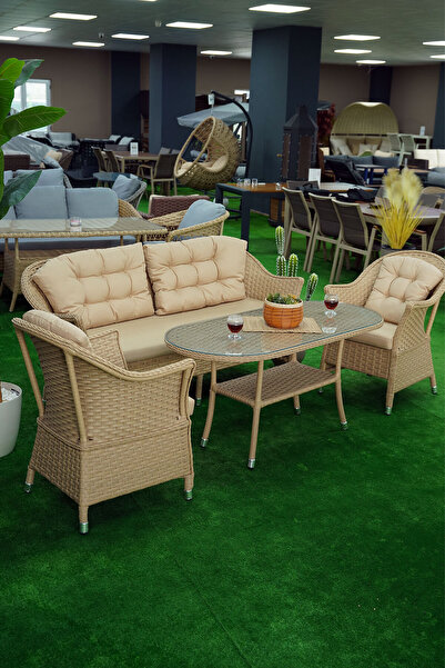 Alezy Mihenk Rattan 5 Kişilik Oturma Grubu 3+1+1 + Orta Sehpa