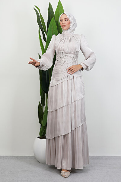 Lamia Giyim Menekşe Kat Kat Abiye Bej