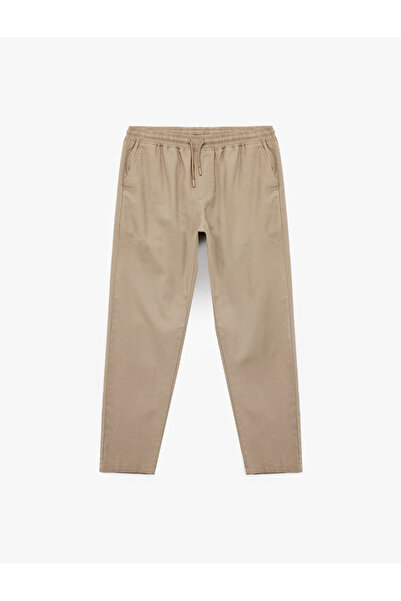 Koton Linen Cotton Blend Chino Trousers with Lace-Up Waist and Pocket Detail
