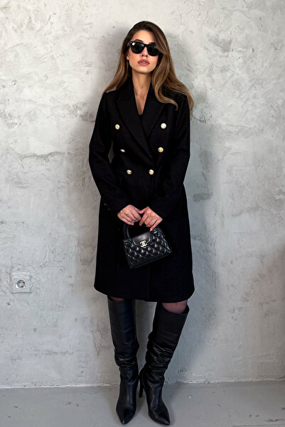 ModaPlaza Women's Metal Buttoned Double-Breasted Cashmere Coat 99671