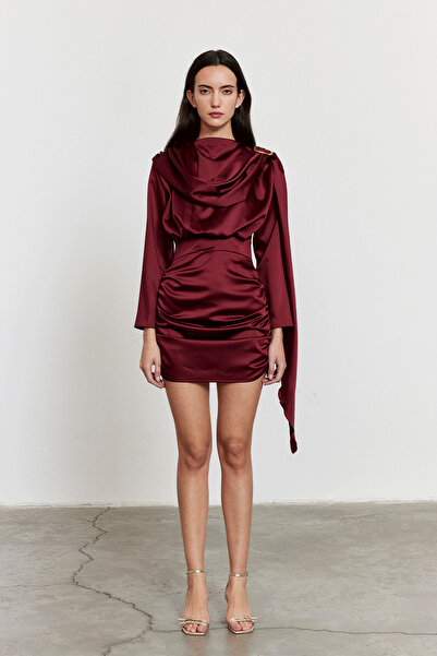 FACETTE Shawl Detail Satin Mini Dress Burgundy