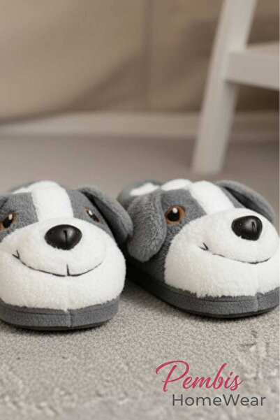 PEMBİŞ HOMEWEAR Beyaz Gri Baygın Köpek Bobby Hayvanlı Sessiz Taban Panduf Pel...