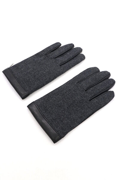 BOSS Men's Textile and Leather Mixed Metallic Shiny Button Black Gloves 50548843-001