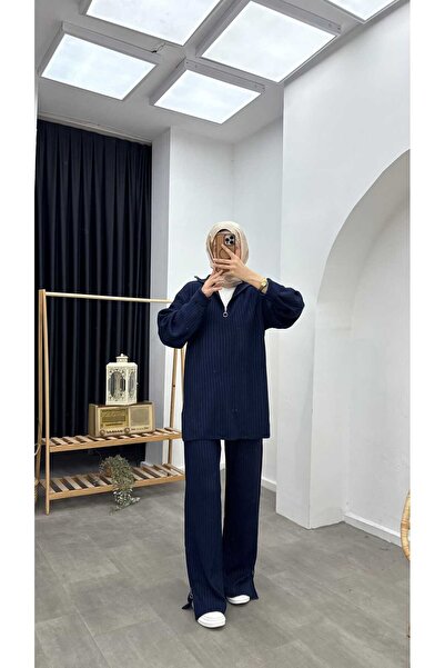 Minharir Basic Zipper Detailed Knitwear Set Comfortable Fit Stylish Hijab Two-Piece Set