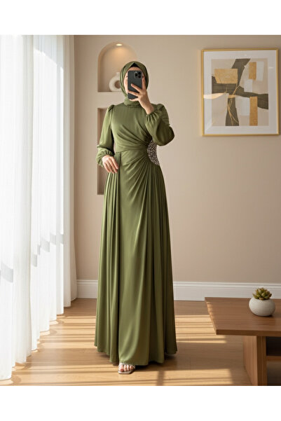 Modamorfo Lined Janjan Evening Dress with Elastic Sleeves and Stone Detail - Khaki
