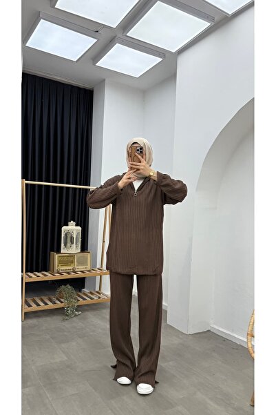 Minharir Basic Zipper Detailed Knitwear Set Comfortable Fit Stylish Hijab Two-Piece Set