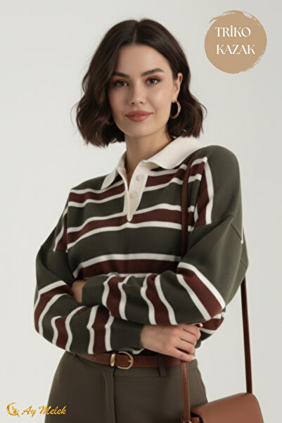 AYMELEK Women's Knitwear Sweater Polo Neck Striped Short Transitional Sweater